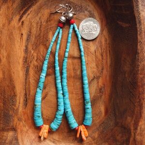 Navajo Turquoise Jaclas Earrings with Orange Spiny Oyster Shell - Handmade